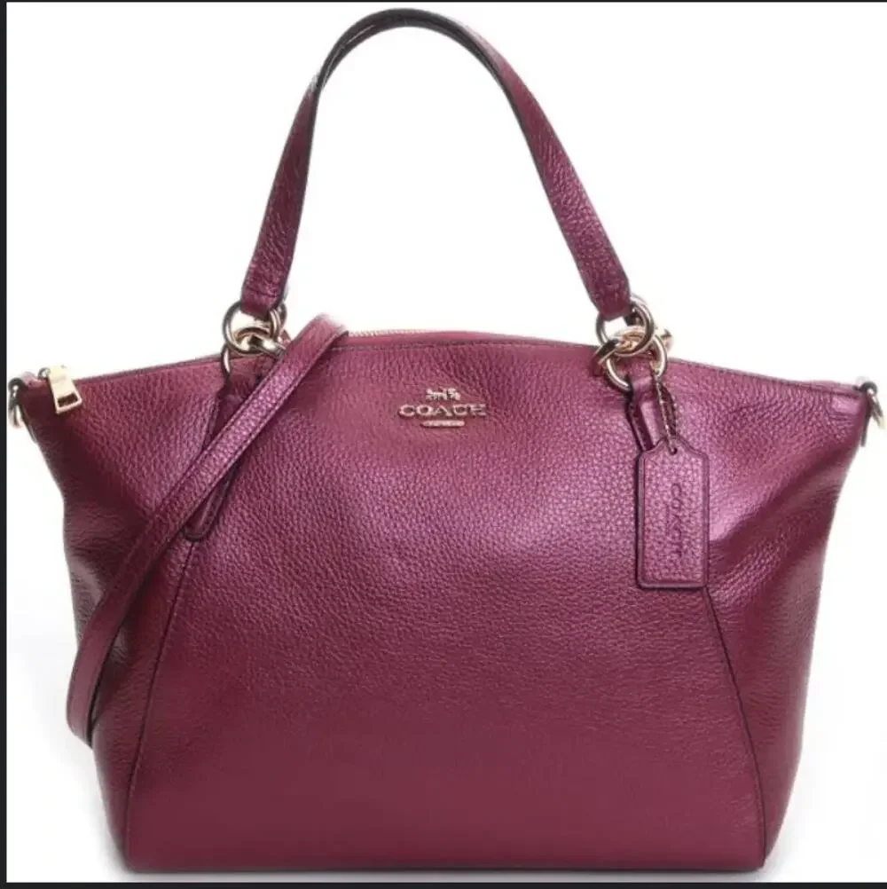 Coach Pebbled Leather Satchel Crossbody Bag Metallic Burgundy Gold Hardware